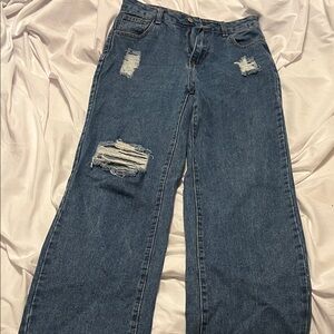 SHEIN Blue Distressed Wide Leg Jeans